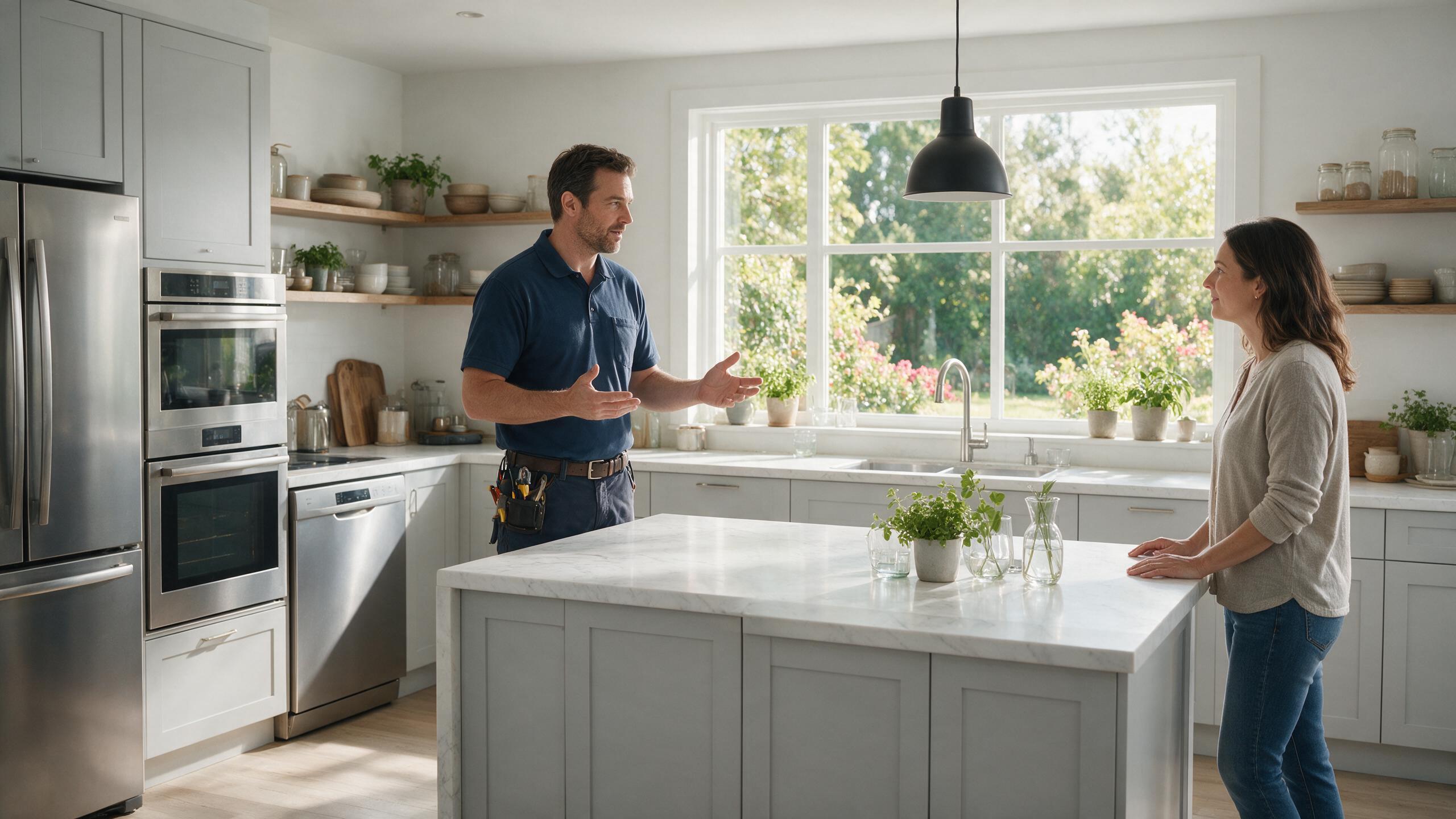 Technician reviewing an appliance diagnostic with a homeowner in a residential kitchen